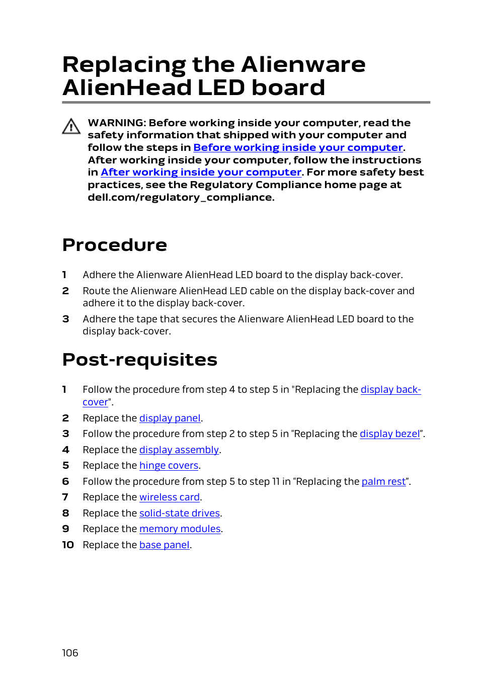 Replacing the alienware alienhead led board, Procedure, Post-requisites | Alienware, Alienhead led board | Dell Alienware 15 (Early 2015) User Manual | Page 106 / 149