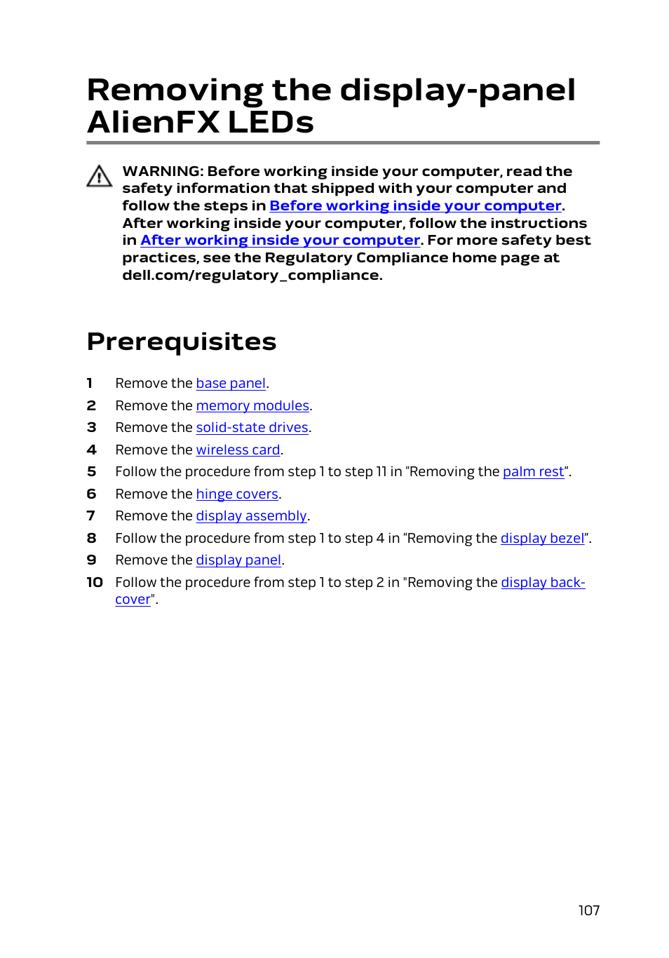 Removing the display-panel alienfx leds, Prerequisites | Dell Alienware 15 (Early 2015) User Manual | Page 107 / 149