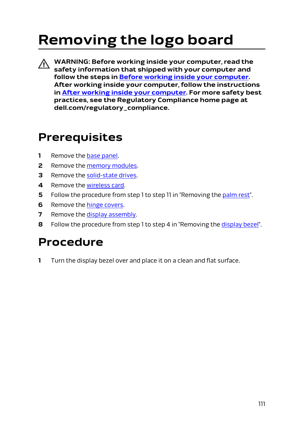 Removing the logo board, Prerequisites, Procedure | Dell Alienware 15 (Early 2015) User Manual | Page 111 / 149