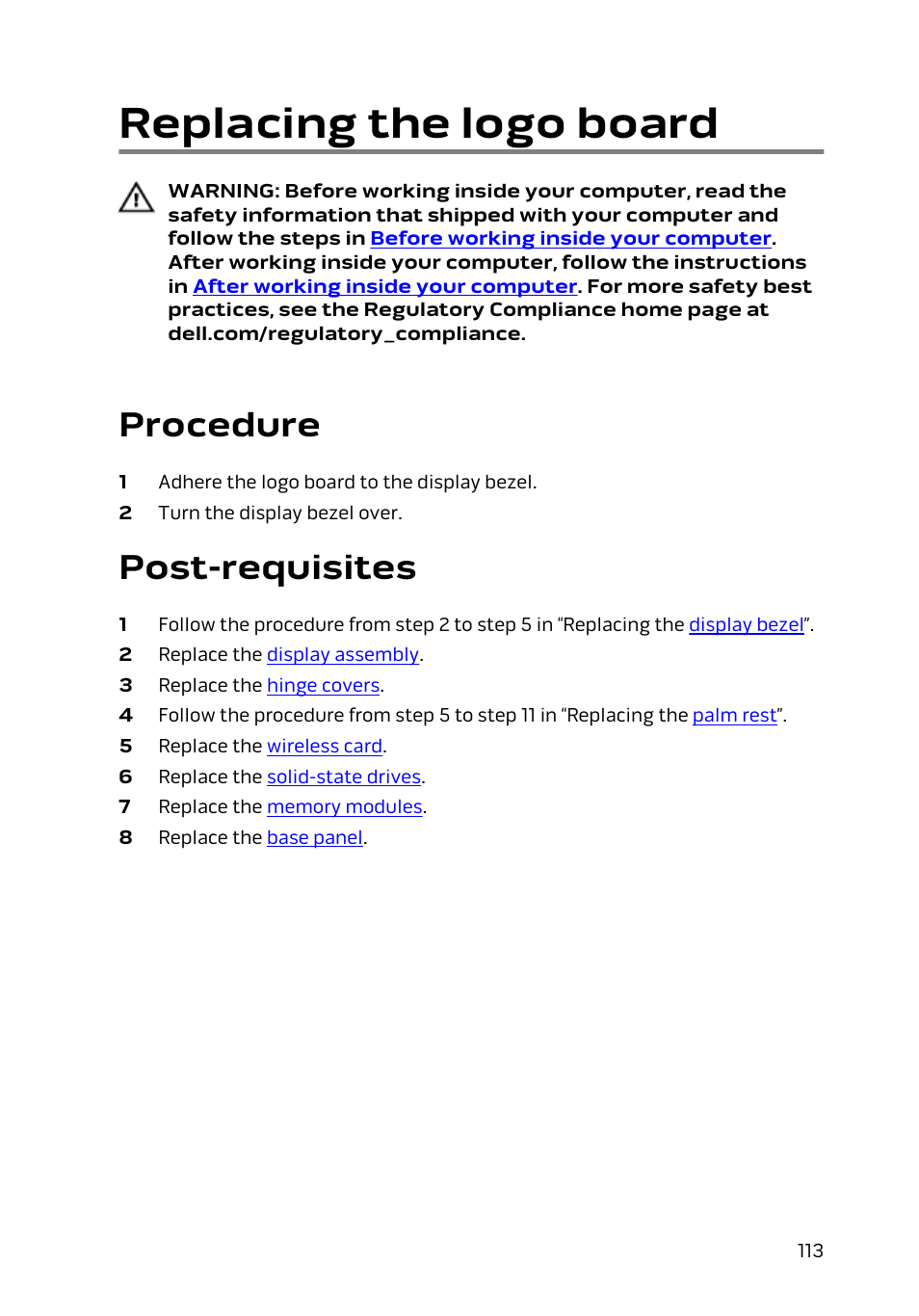 Replacing the logo board, Procedure, Post-requisites | Logo board | Dell Alienware 15 (Early 2015) User Manual | Page 113 / 149