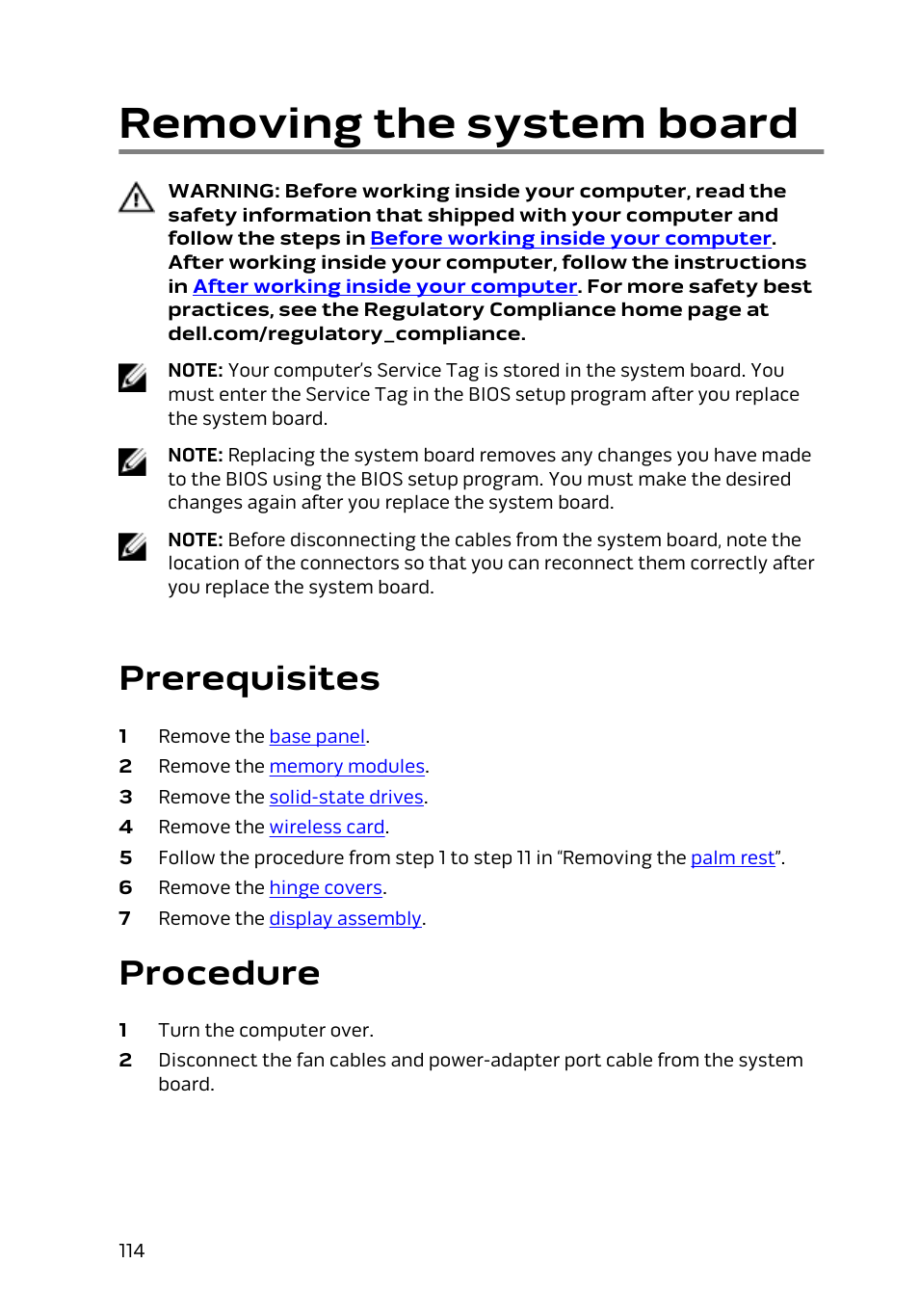 Removing the system board, Prerequisites, Procedure | Dell Alienware 15 (Early 2015) User Manual | Page 114 / 149