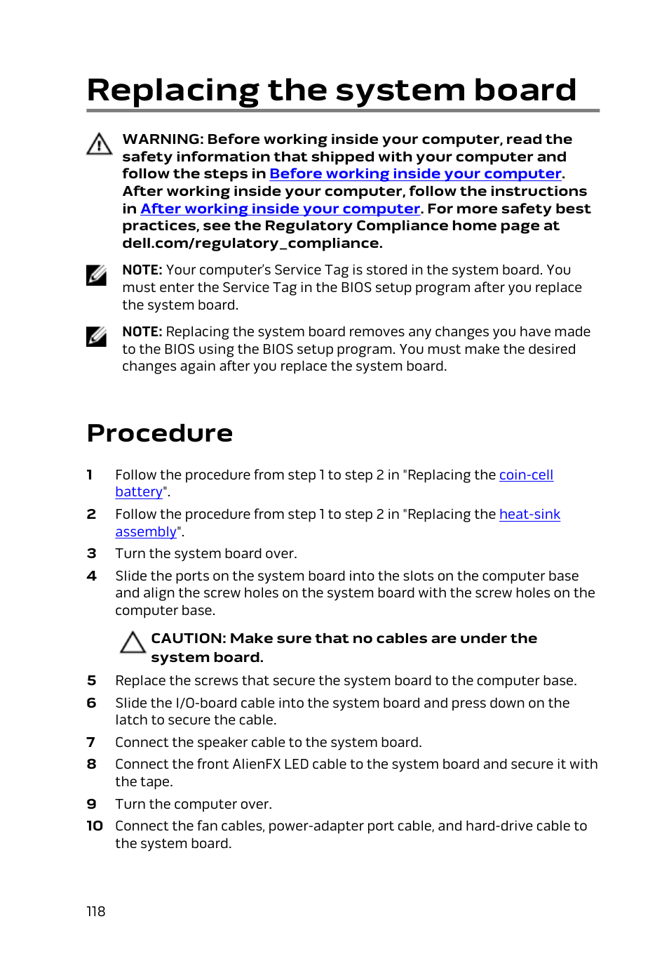 Replacing the system board, Procedure | Dell Alienware 15 (Early 2015) User Manual | Page 118 / 149