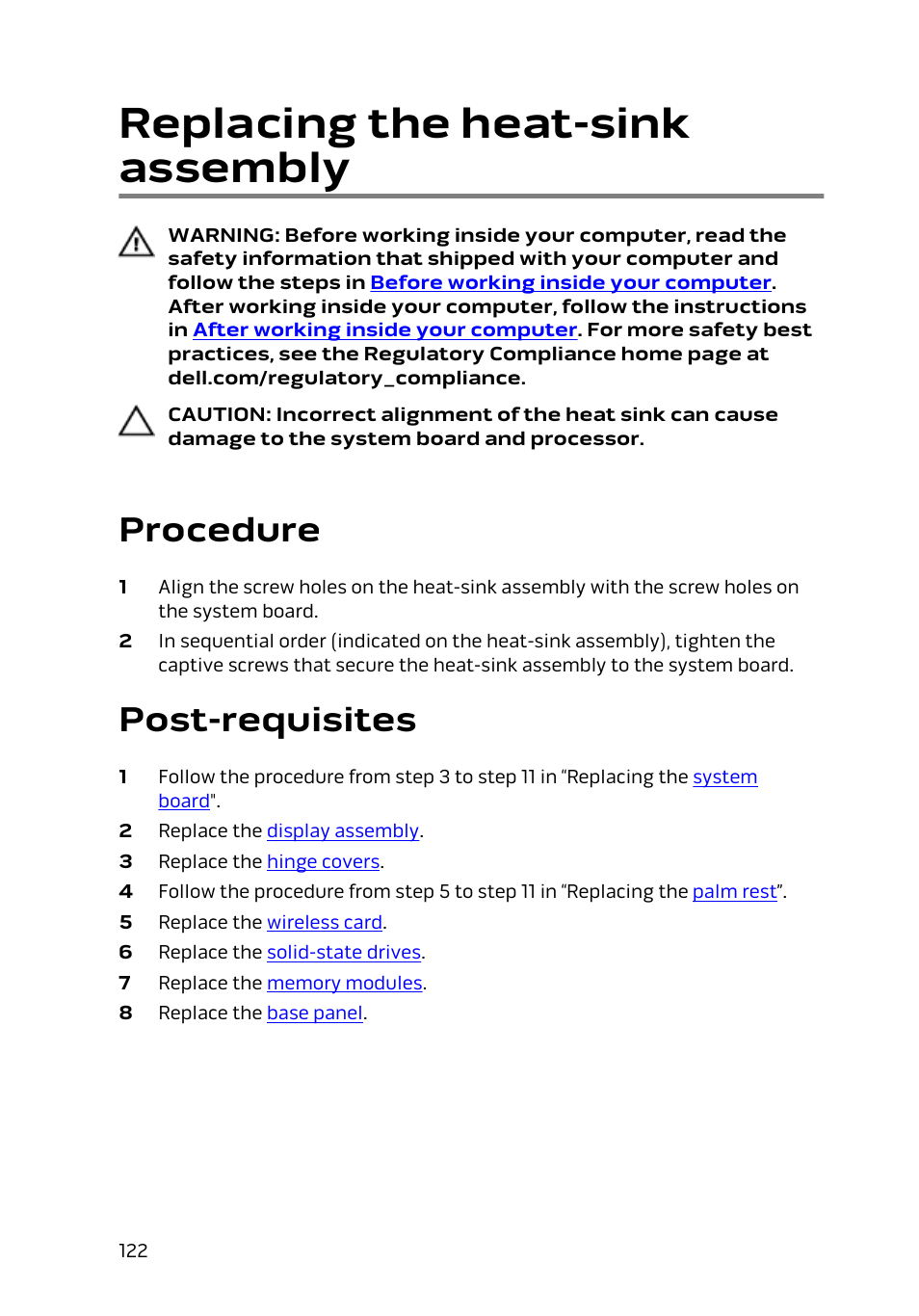 Replacing the heat-sink assembly, Procedure, Post-requisites | Heat-sink, Assembly | Dell Alienware 15 (Early 2015) User Manual | Page 122 / 149