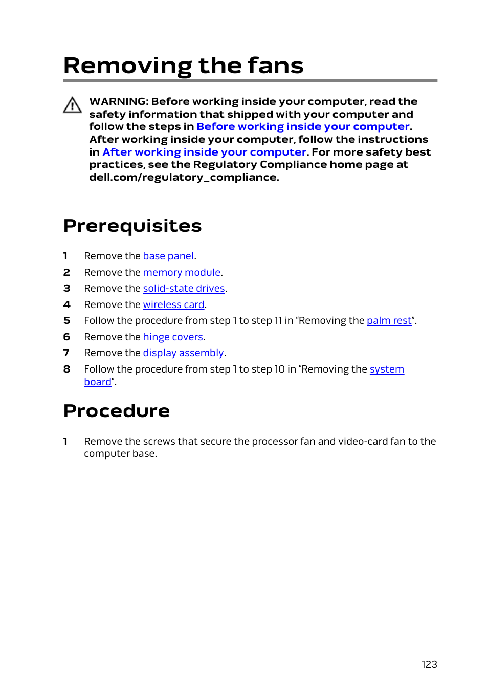 Removing the fans, Prerequisites, Procedure | Dell Alienware 15 (Early 2015) User Manual | Page 123 / 149