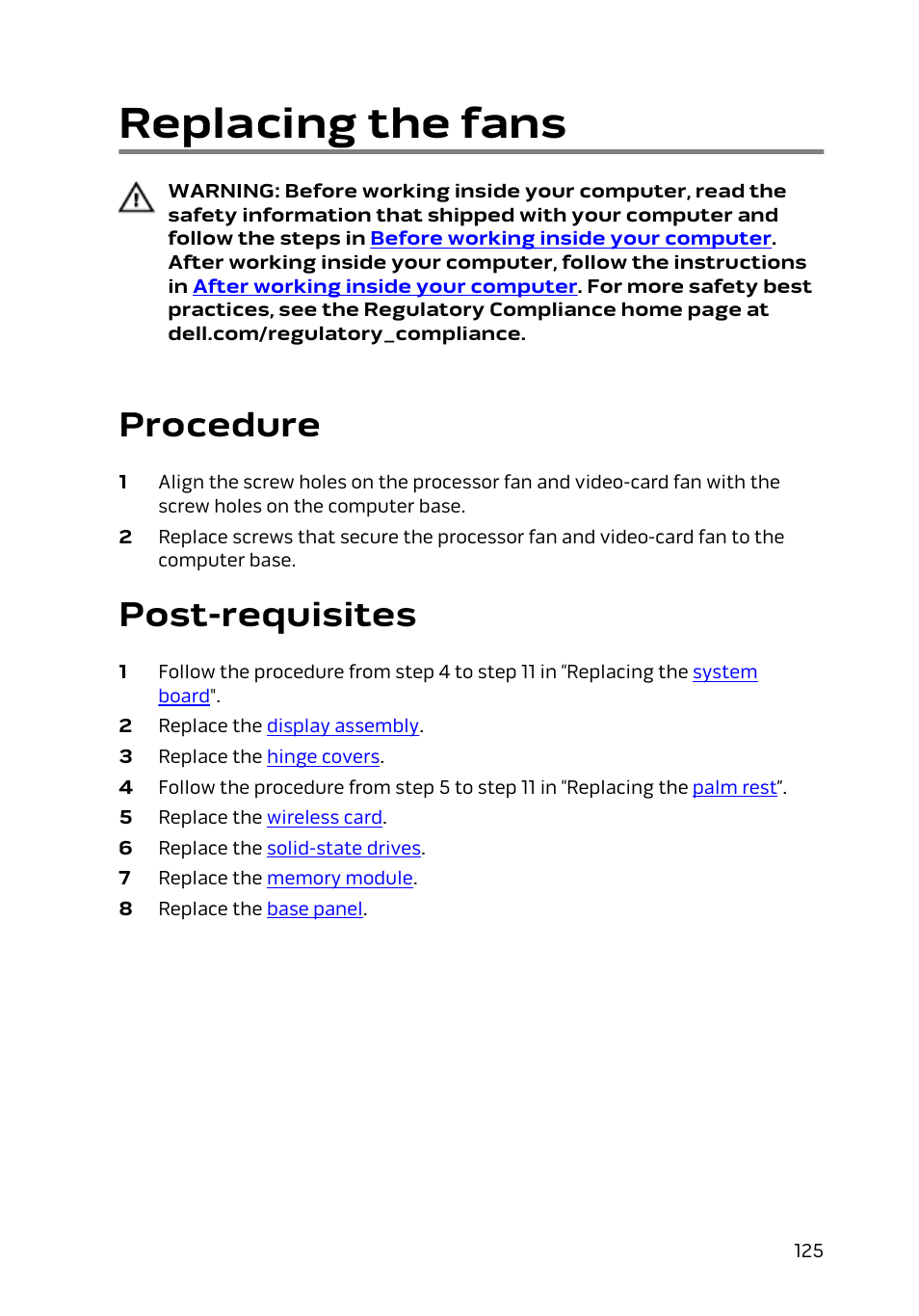 Replacing the fans, Procedure, Post-requisites | Dell Alienware 15 (Early 2015) User Manual | Page 125 / 149