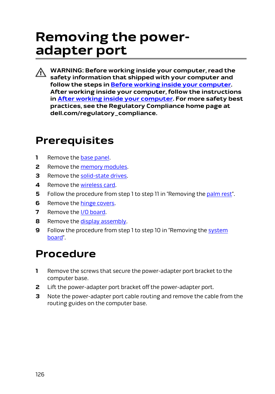 Removing the power-adapter port, Prerequisites, Procedure | Removing the power- adapter port | Dell Alienware 15 (Early 2015) User Manual | Page 126 / 149