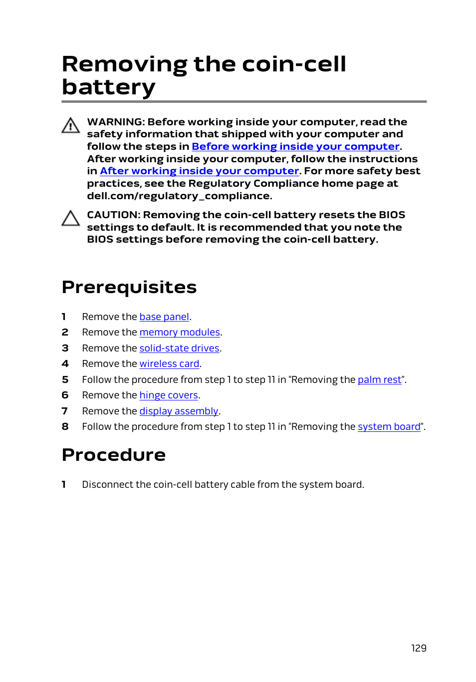 Removing the coin-cell battery, Prerequisites, Procedure | Coin-cell, Battery | Dell Alienware 15 (Early 2015) User Manual | Page 129 / 149