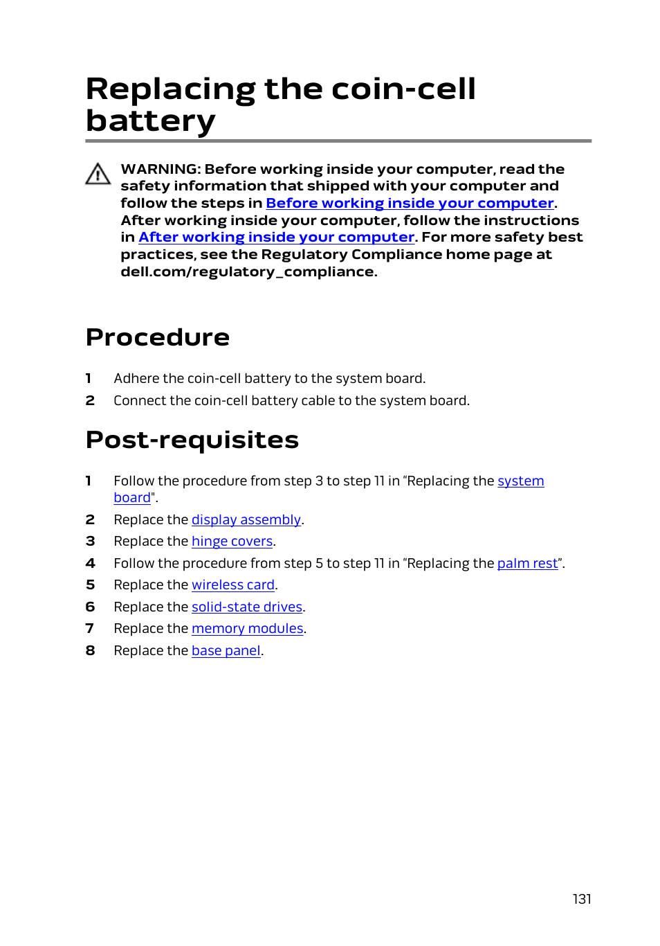 Replacing the coin-cell battery, Procedure, Post-requisites | Coin-cell, Battery | Dell Alienware 15 (Early 2015) User Manual | Page 131 / 149