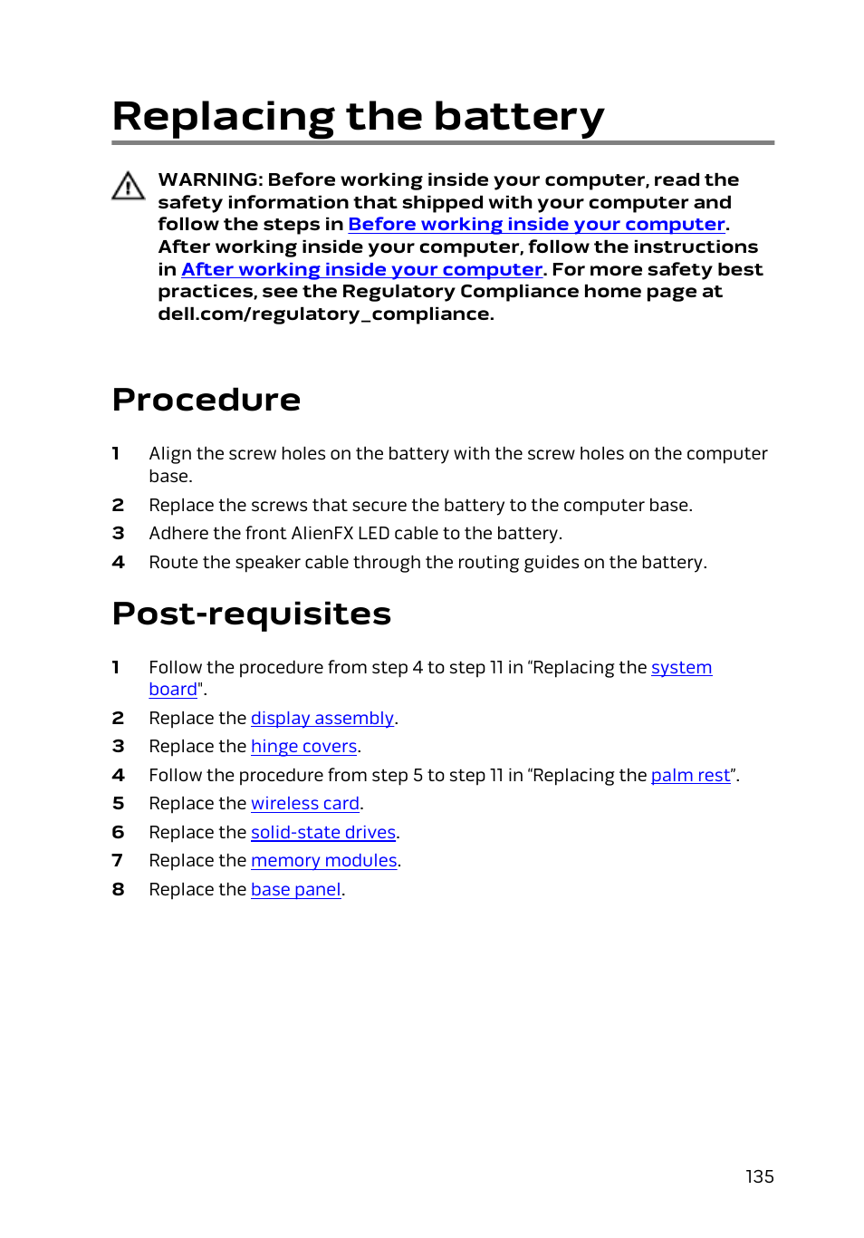 Replacing the battery, Procedure, Post-requisites | Dell Alienware 15 (Early 2015) User Manual | Page 135 / 149