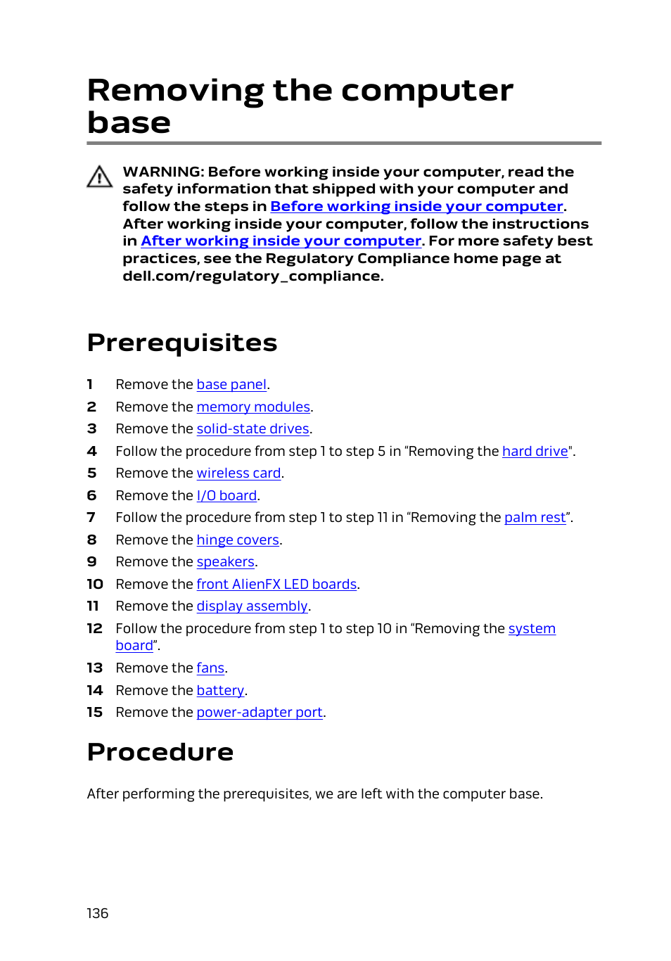 Removing the computer base, Prerequisites, Procedure | Dell Alienware 15 (Early 2015) User Manual | Page 136 / 149