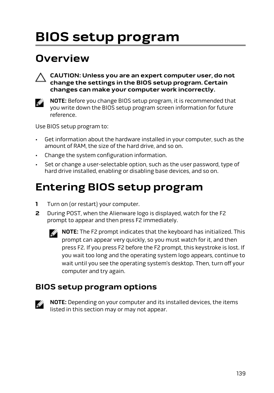Bios setup program, Overview, Entering bios setup program | Bios setup program options | Dell Alienware 15 (Early 2015) User Manual | Page 139 / 149