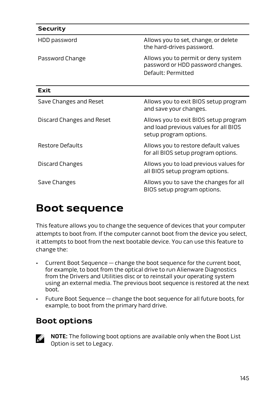 Boot sequence, Boot options | Dell Alienware 15 (Early 2015) User Manual | Page 145 / 149