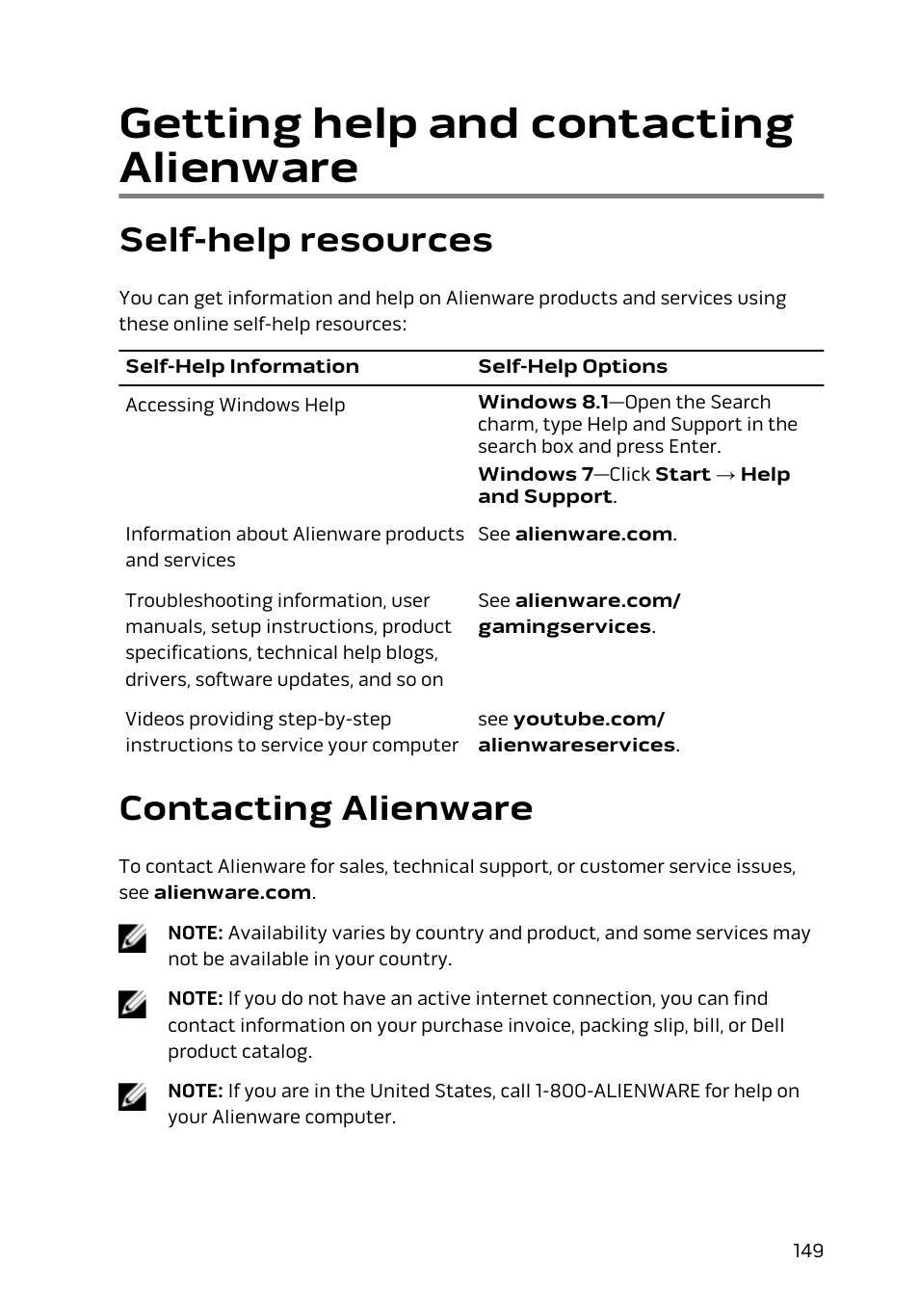 Getting help and contacting alienware, Self-help resources, Contacting alienware | Dell Alienware 15 (Early 2015) User Manual | Page 149 / 149