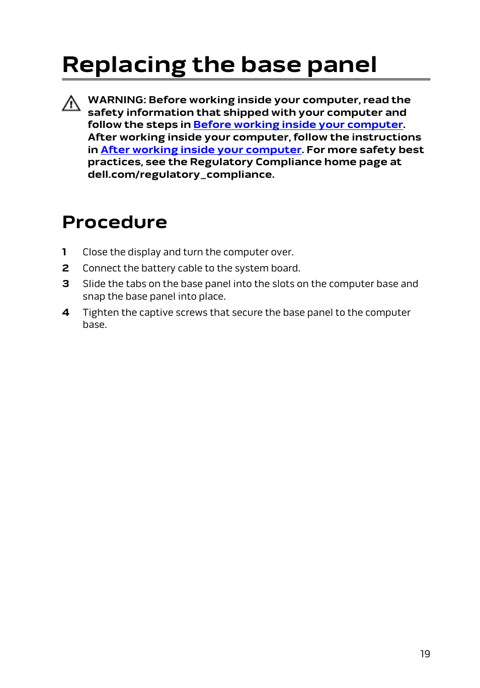 Replacing the base panel, Procedure | Dell Alienware 15 (Early 2015) User Manual | Page 19 / 149