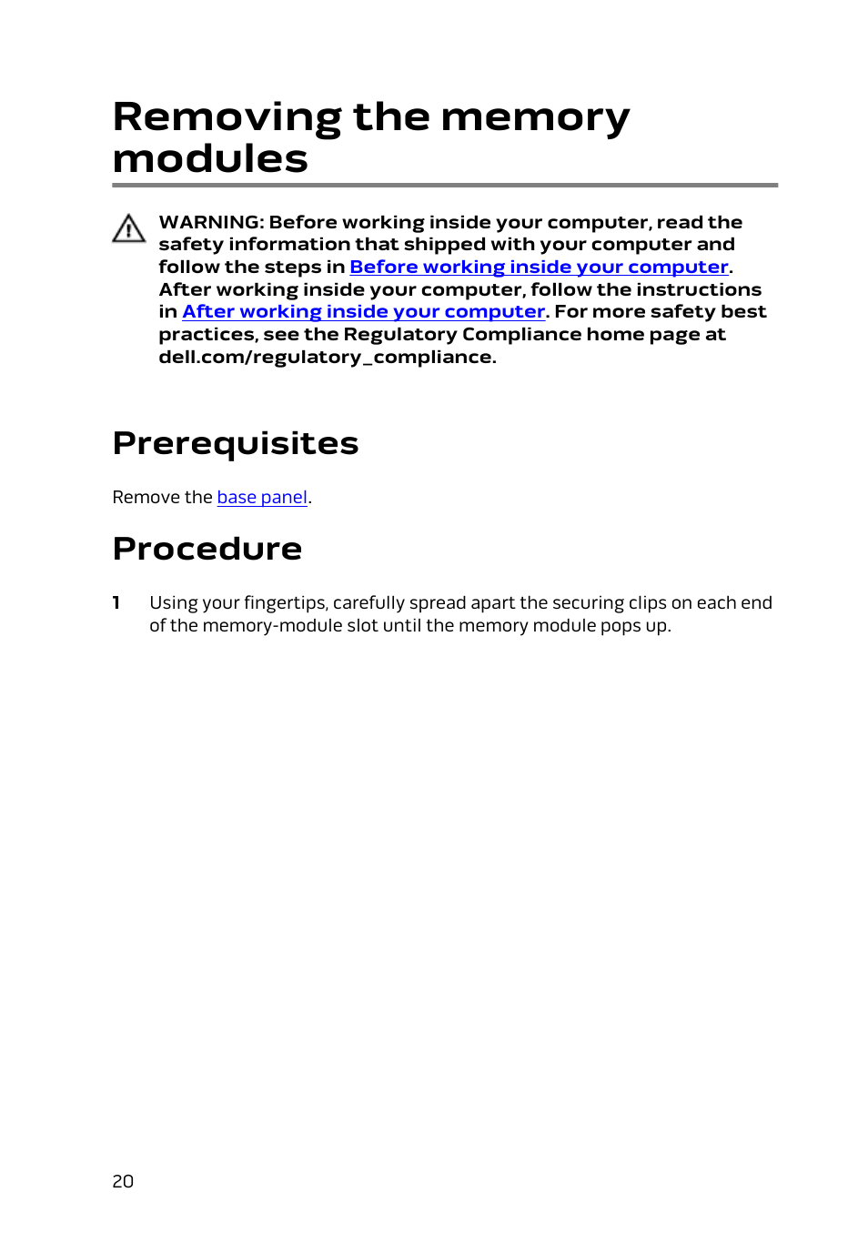 Removing the memory modules, Prerequisites, Procedure | Dell Alienware 15 (Early 2015) User Manual | Page 20 / 149