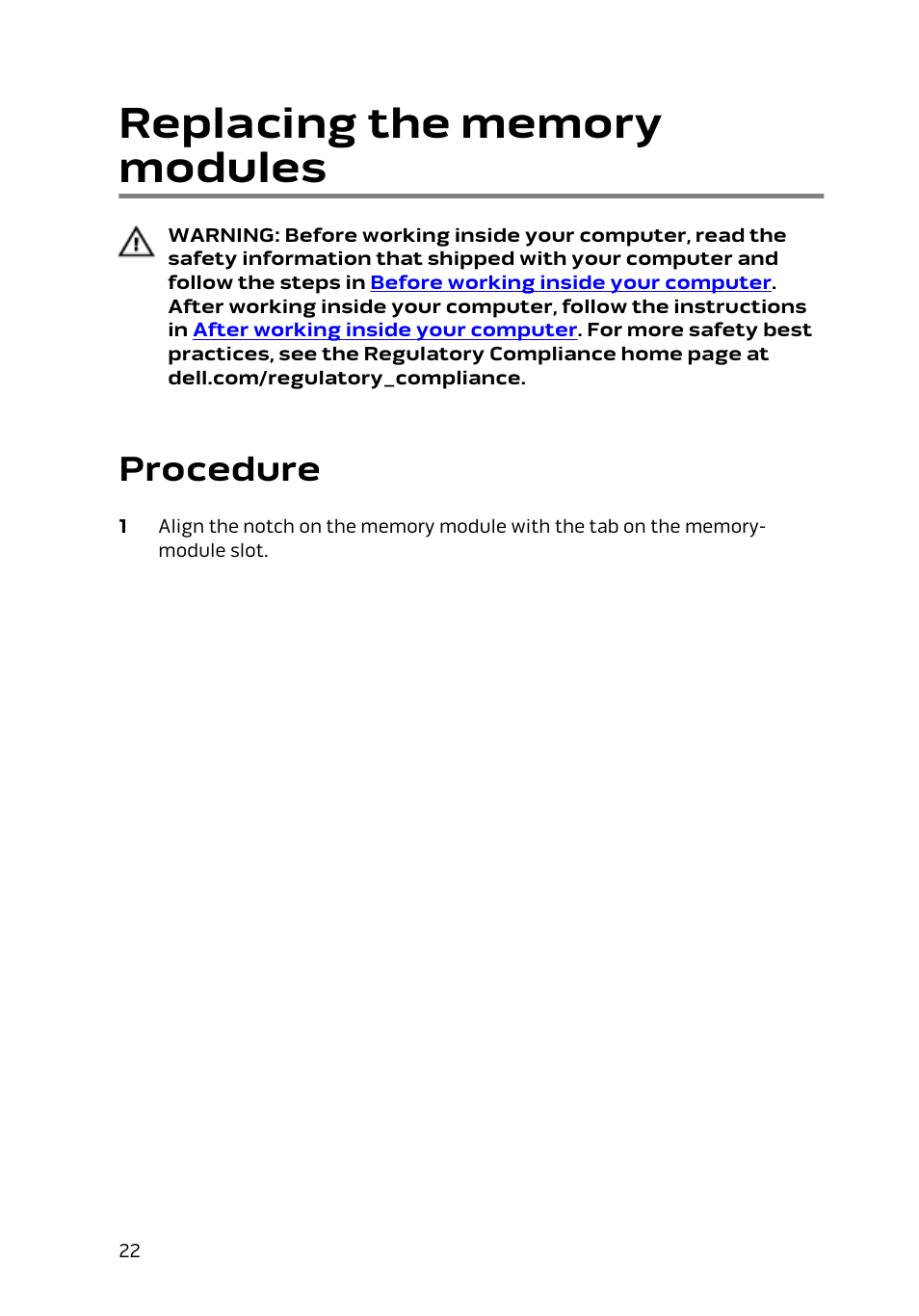 Replacing the memory modules, Procedure | Dell Alienware 15 (Early 2015) User Manual | Page 22 / 149