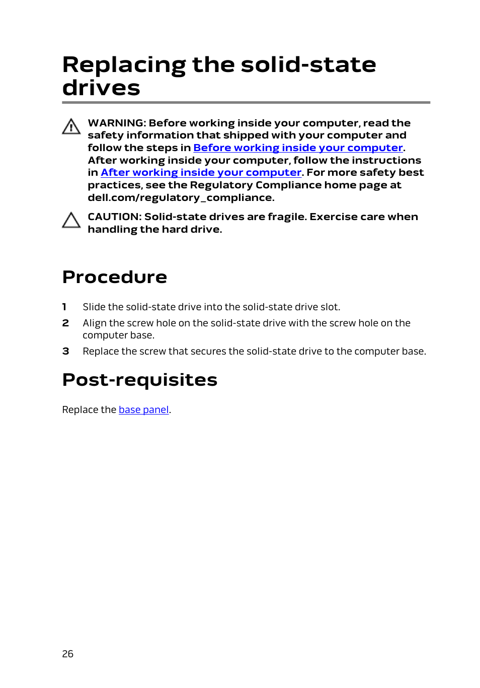 Replacing the solid-state drives, Procedure, Post-requisites | Dell Alienware 15 (Early 2015) User Manual | Page 26 / 149