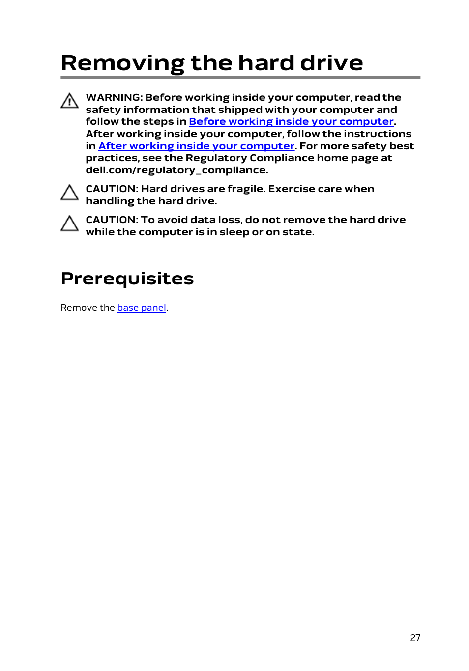 Removing the hard drive, Prerequisites | Dell Alienware 15 (Early 2015) User Manual | Page 27 / 149