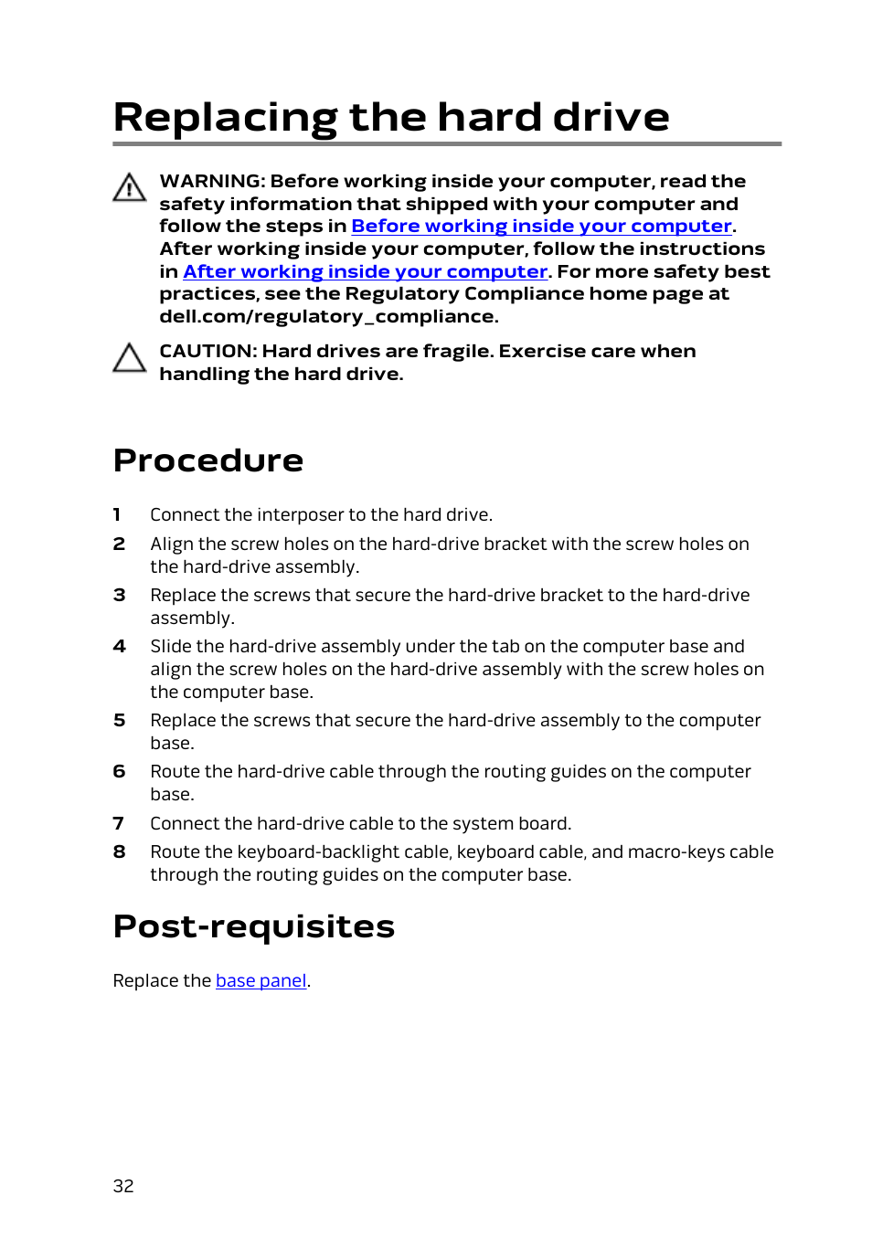 Replacing the hard drive, Procedure, Post-requisites | Dell Alienware 15 (Early 2015) User Manual | Page 32 / 149