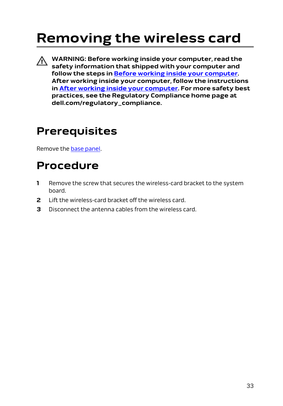 Removing the wireless card, Prerequisites, Procedure | Dell Alienware 15 (Early 2015) User Manual | Page 33 / 149