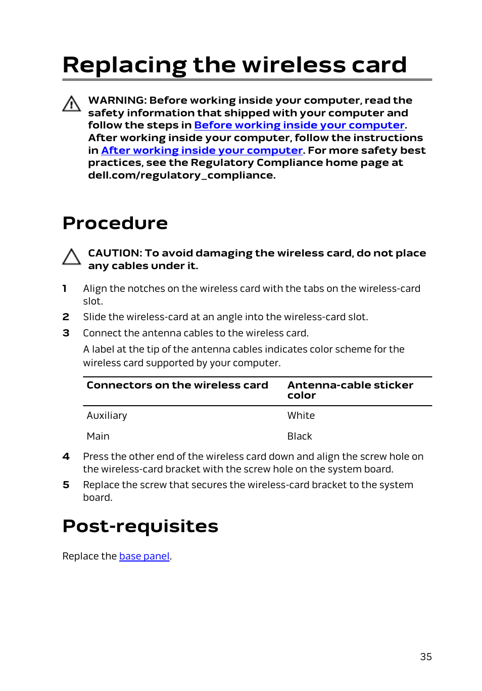 Replacing the wireless card, Procedure, Post-requisites | Dell Alienware 15 (Early 2015) User Manual | Page 35 / 149