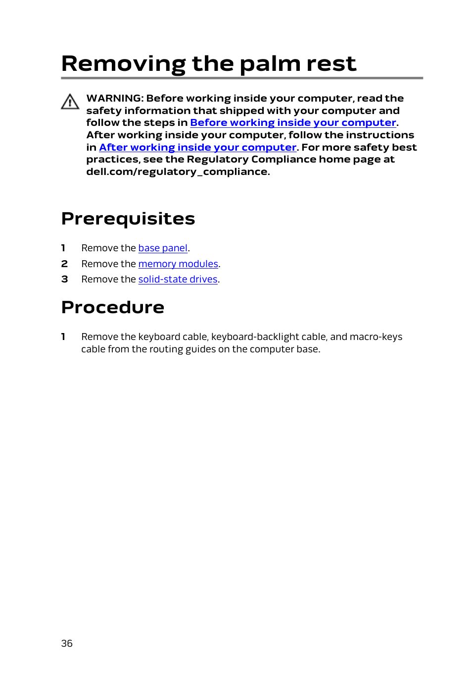 Removing the palm rest, Prerequisites, Procedure | Dell Alienware 15 (Early 2015) User Manual | Page 36 / 149