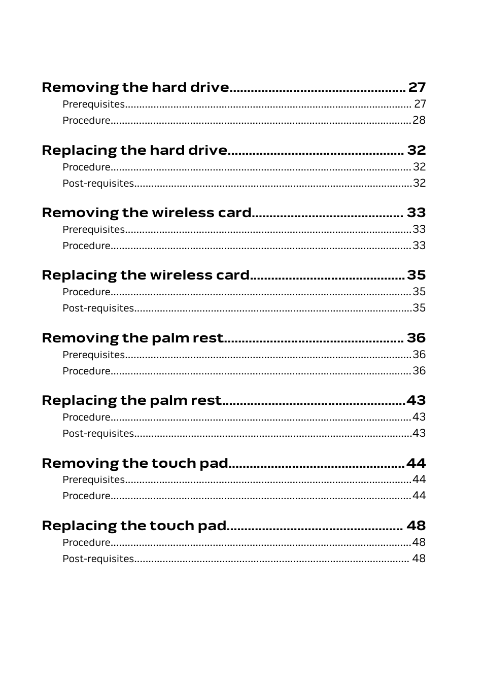 Removing the hard drive, Replacing the hard drive, Removing the wireless card | Replacing the wireless card, Removing the palm rest, Replacing the palm rest, Removing the touch pad, Replacing the touch pad | Dell Alienware 15 (Early 2015) User Manual | Page 4 / 149