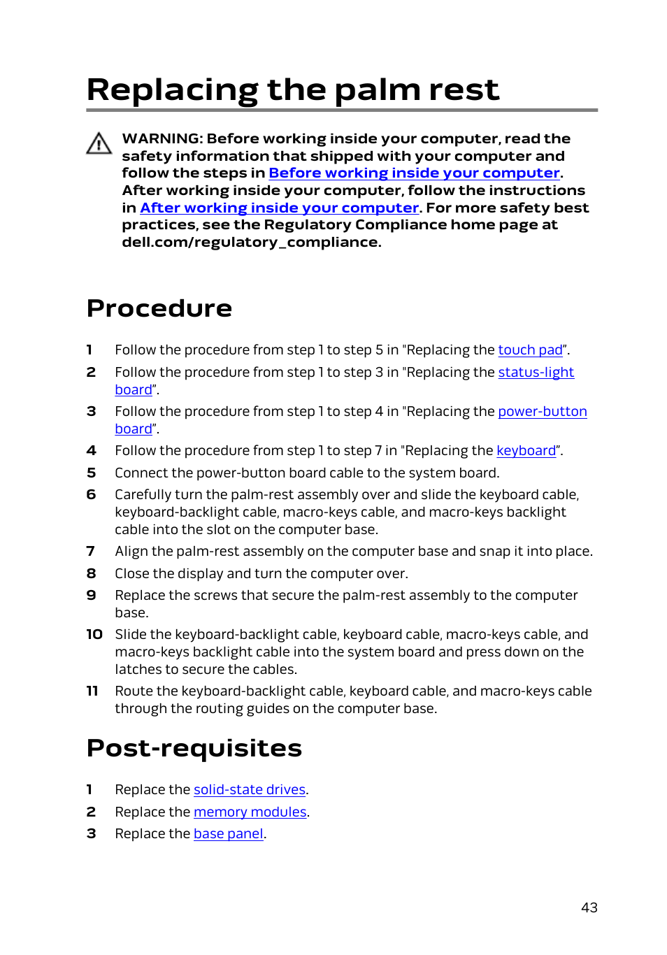 Replacing the palm rest, Procedure, Post-requisites | Dell Alienware 15 (Early 2015) User Manual | Page 43 / 149