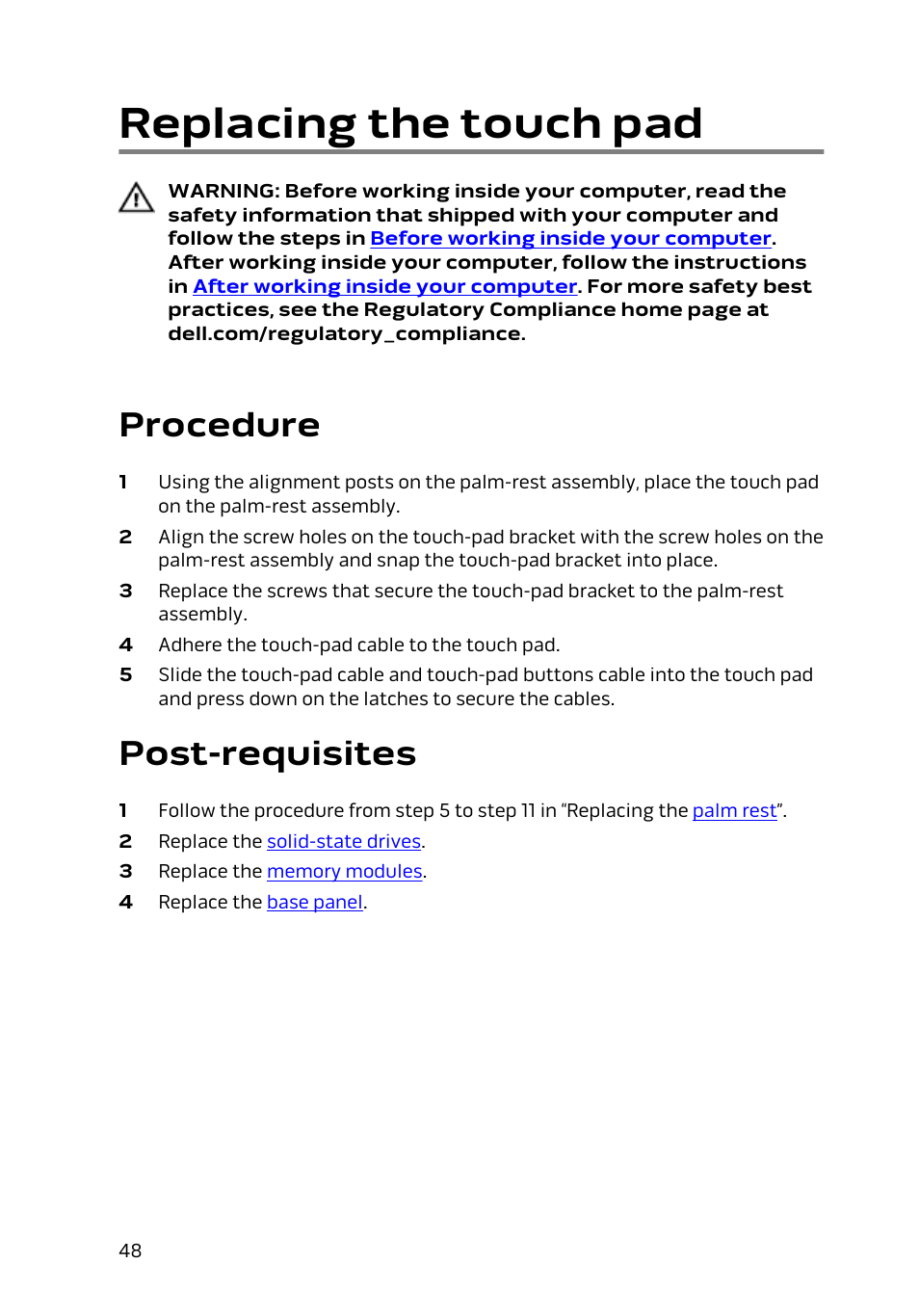 Replacing the touch pad, Procedure, Post-requisites | Touch pad | Dell Alienware 15 (Early 2015) User Manual | Page 48 / 149