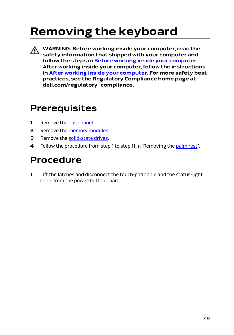 Removing the keyboard, Prerequisites, Procedure | Keyboard | Dell Alienware 15 (Early 2015) User Manual | Page 49 / 149