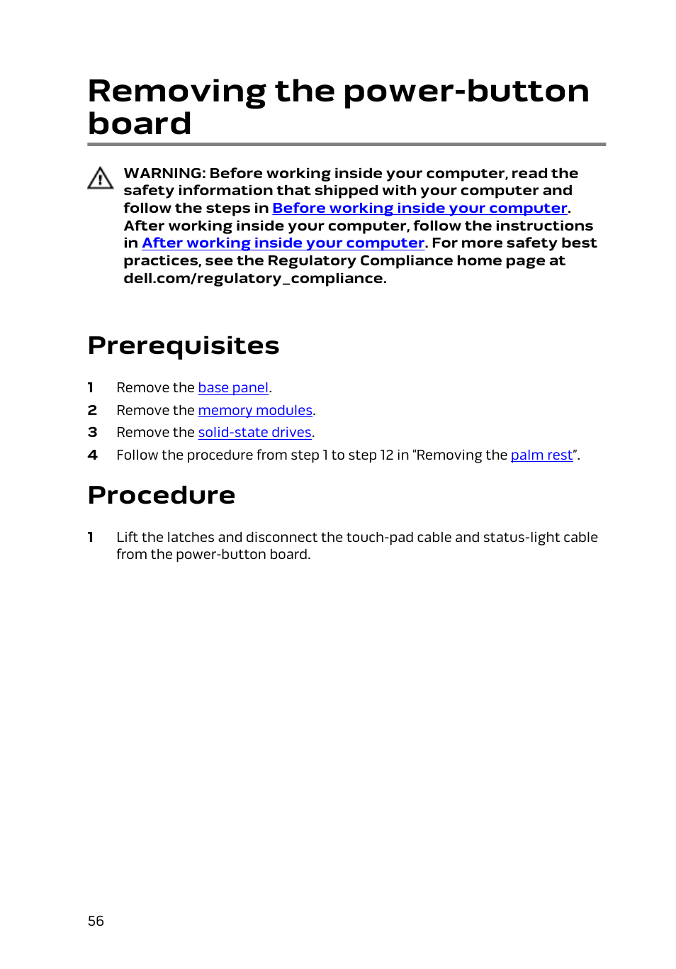 Removing the power-button board, Prerequisites, Procedure | Power-button, Board | Dell Alienware 15 (Early 2015) User Manual | Page 56 / 149