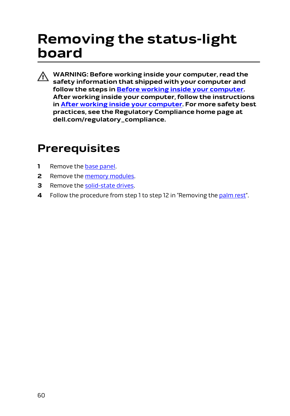 Removing the status-light board, Prerequisites | Dell Alienware 15 (Early 2015) User Manual | Page 60 / 149