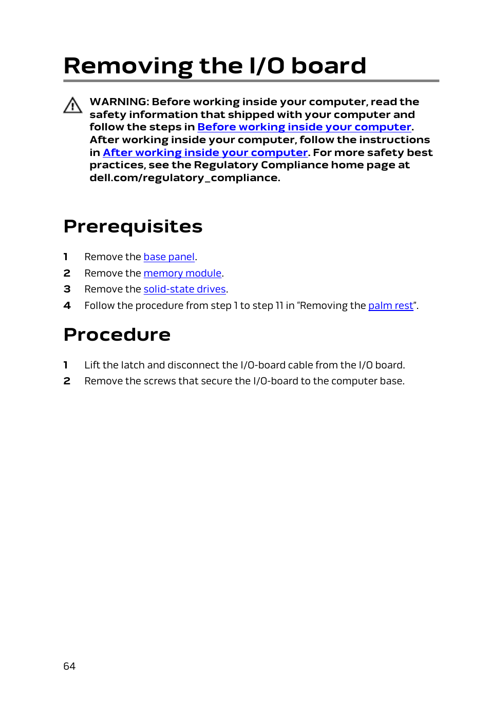 Removing the i/o board, Prerequisites, Procedure | Dell Alienware 15 (Early 2015) User Manual | Page 64 / 149