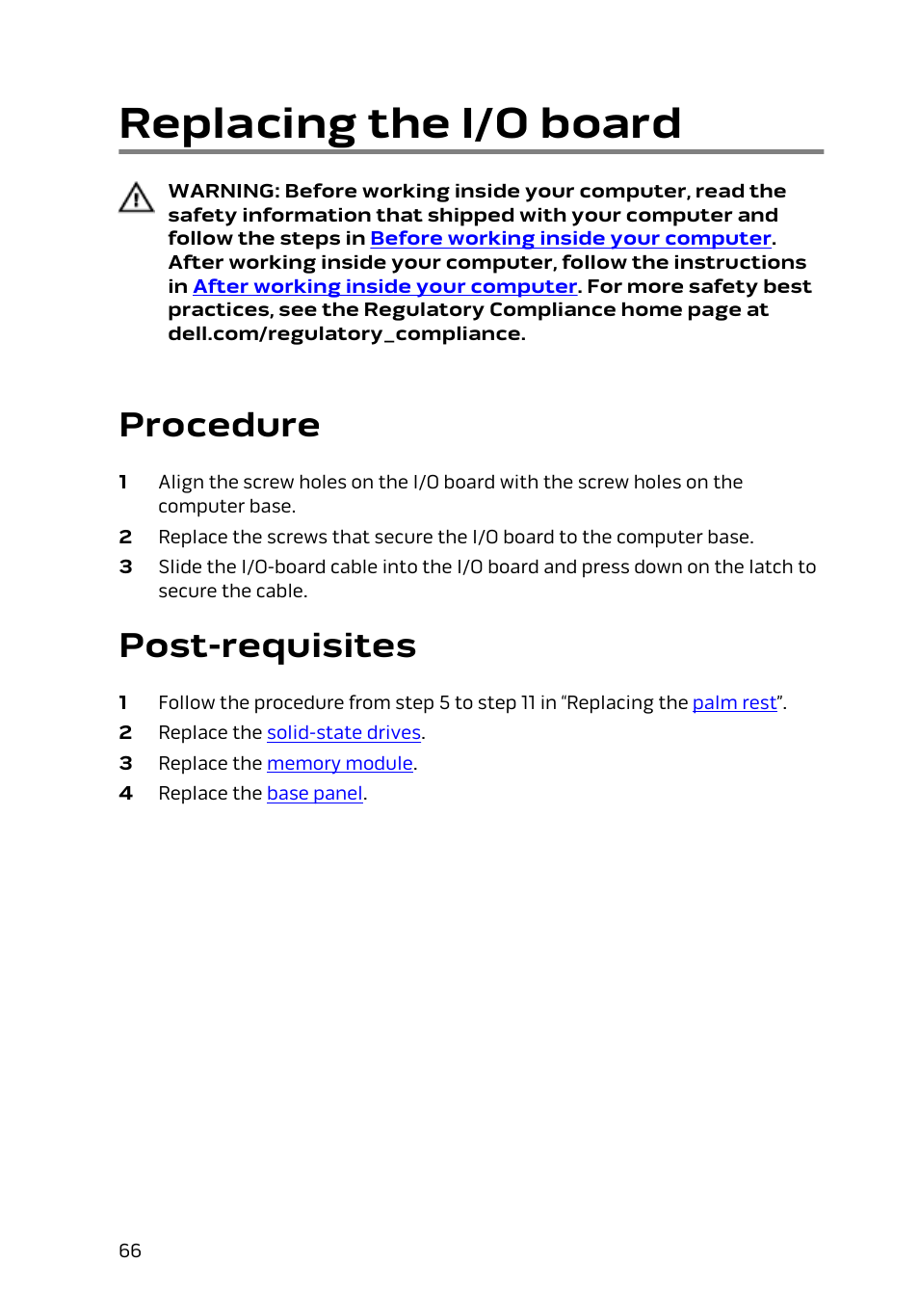 Replacing the i/o board, Procedure, Post-requisites | Dell Alienware 15 (Early 2015) User Manual | Page 66 / 149