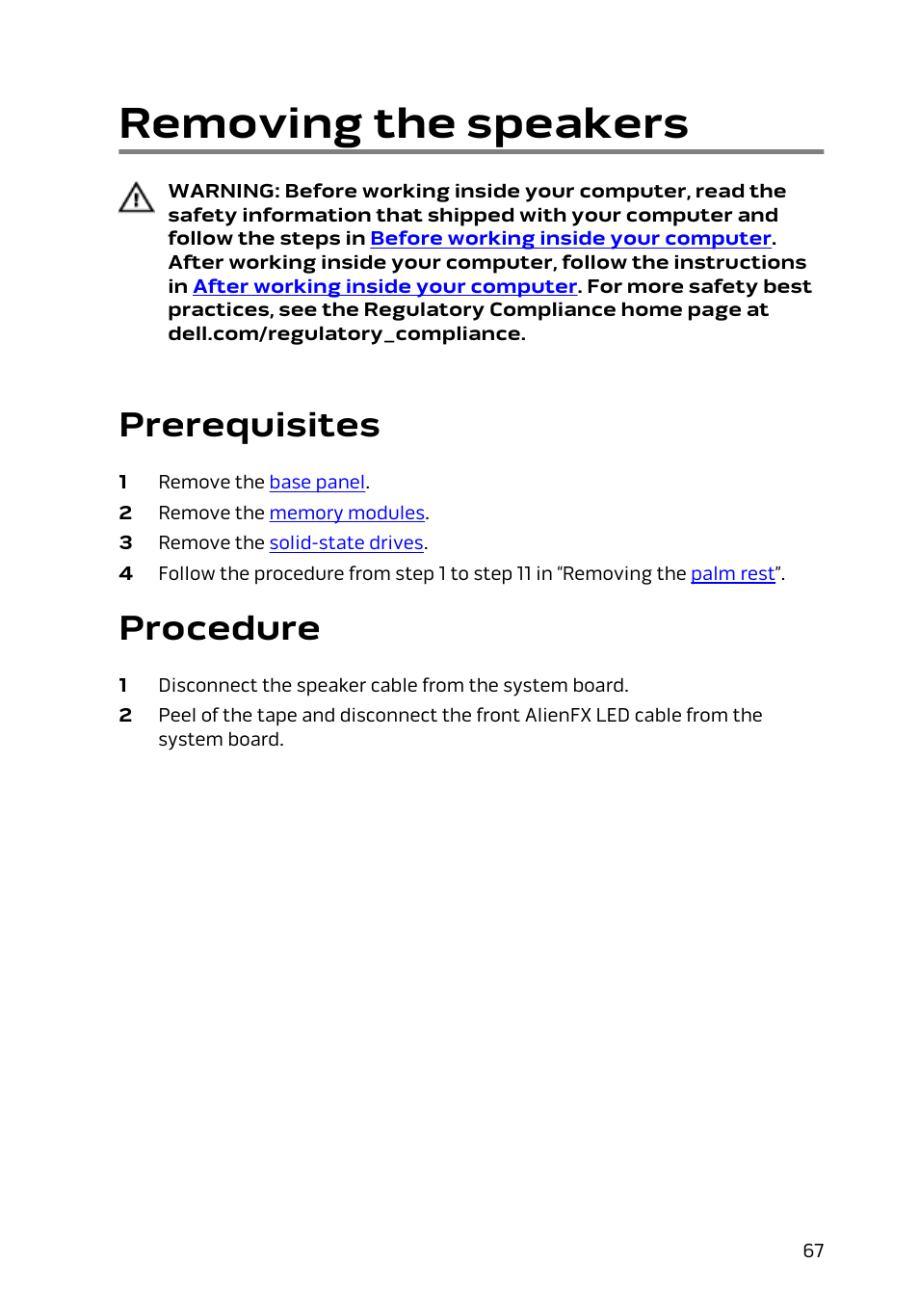 Removing the speakers, Prerequisites, Procedure | Dell Alienware 15 (Early 2015) User Manual | Page 67 / 149