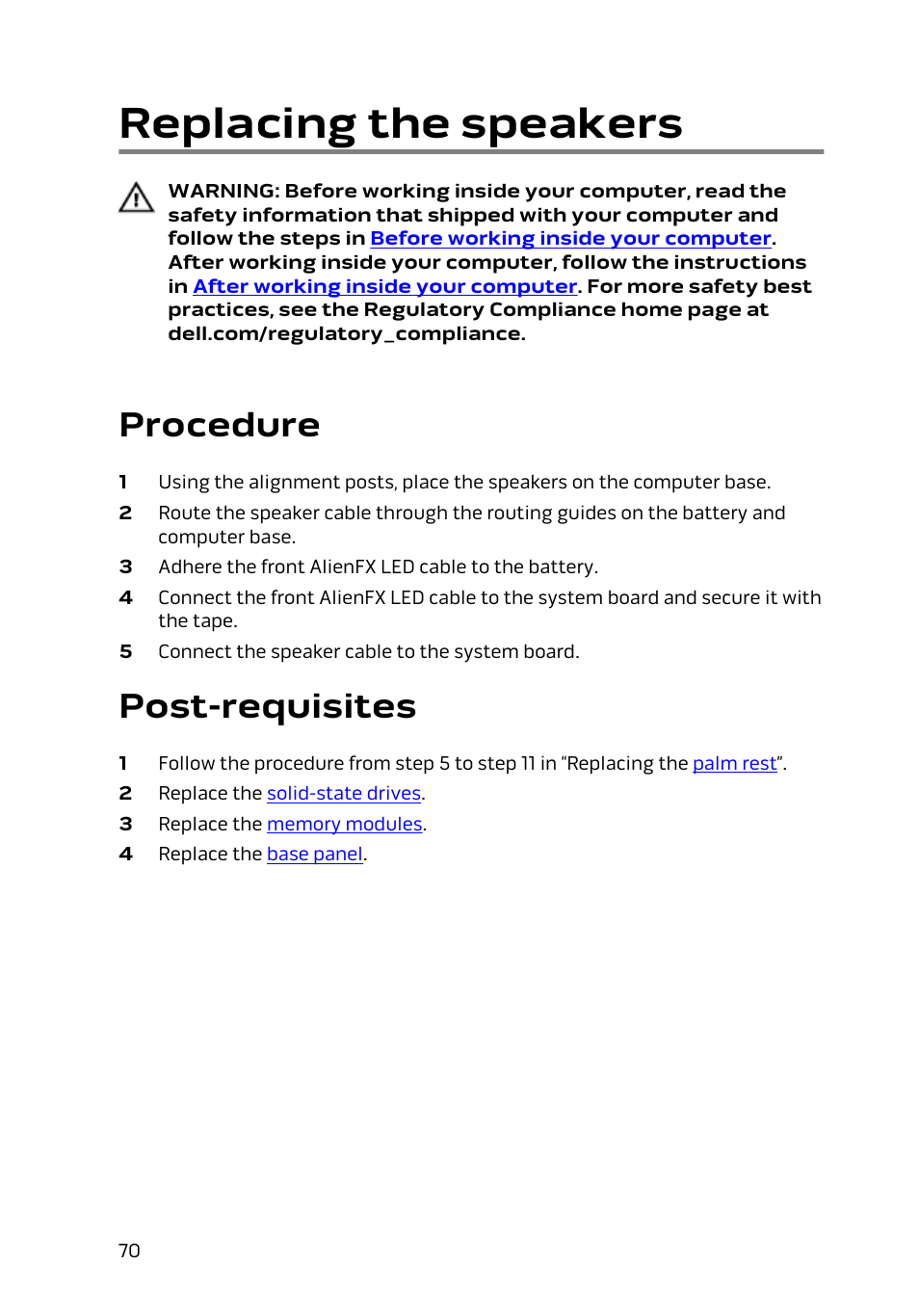 Replacing the speakers, Procedure, Post-requisites | Dell Alienware 15 (Early 2015) User Manual | Page 70 / 149