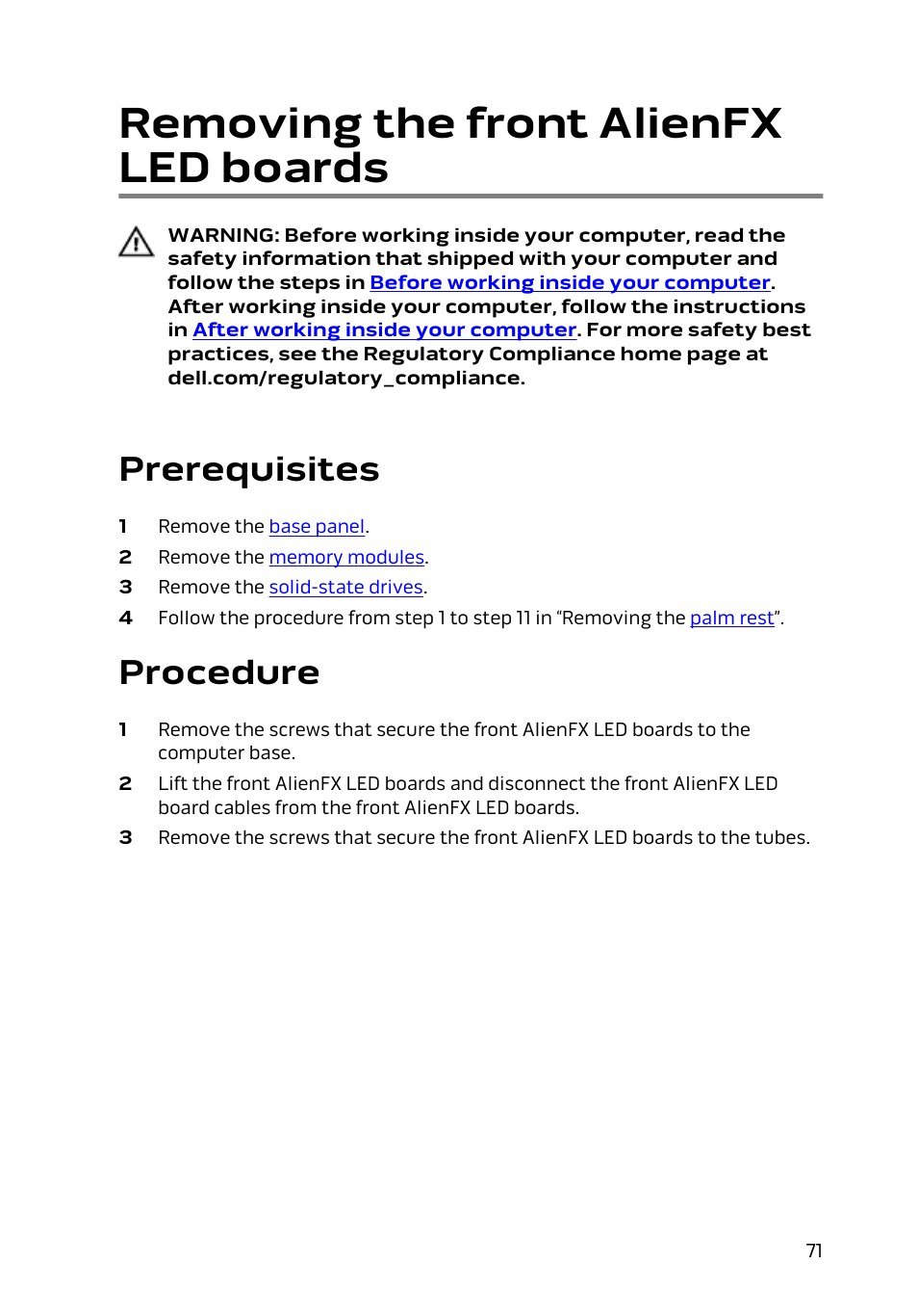 Removing the front alienfx led boards, Prerequisites, Procedure | Dell Alienware 15 (Early 2015) User Manual | Page 71 / 149
