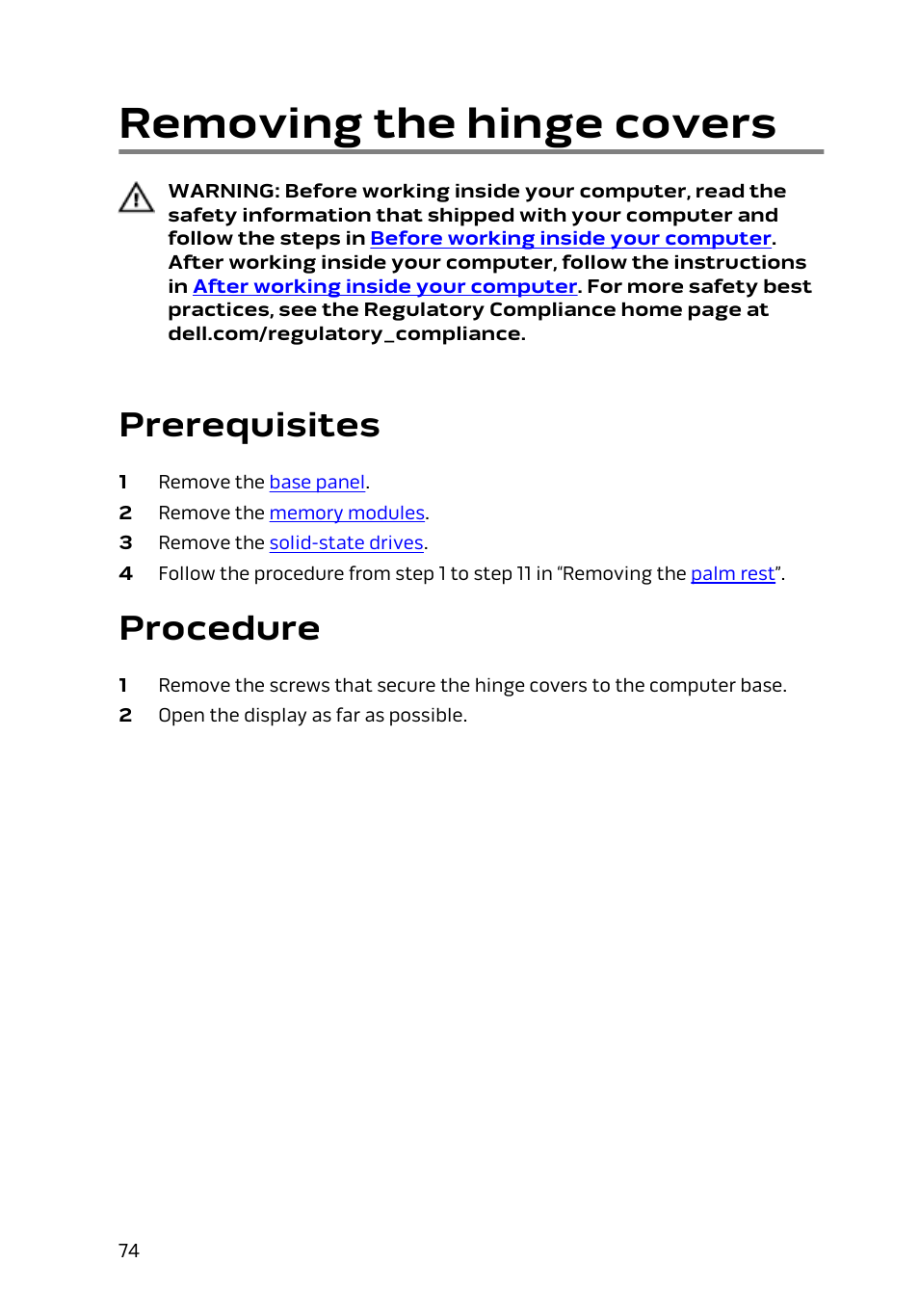 Removing the hinge covers, Prerequisites, Procedure | Dell Alienware 15 (Early 2015) User Manual | Page 74 / 149