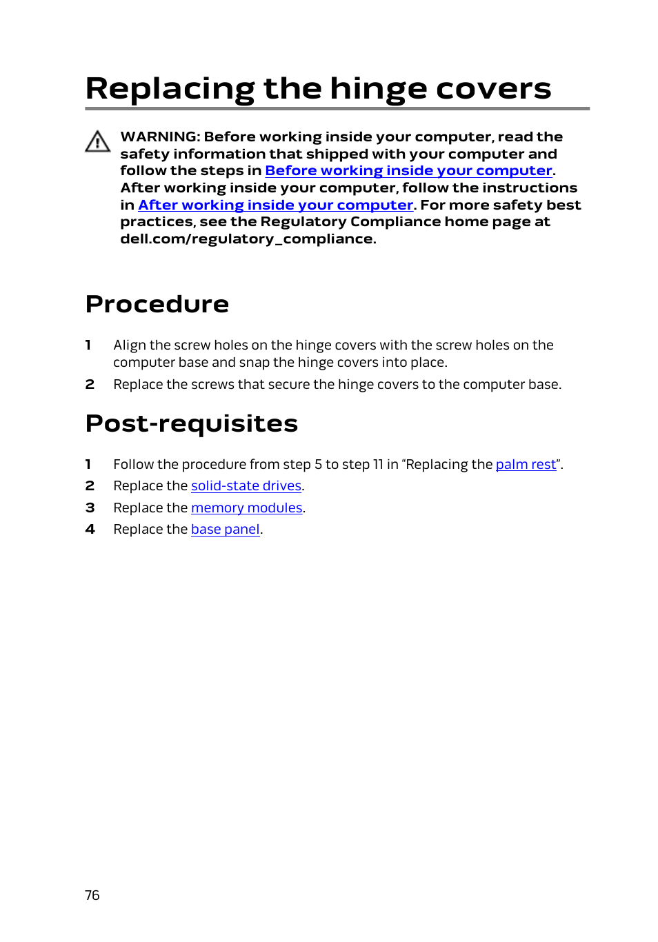 Replacing the hinge covers, Procedure, Post-requisites | Dell Alienware 15 (Early 2015) User Manual | Page 76 / 149
