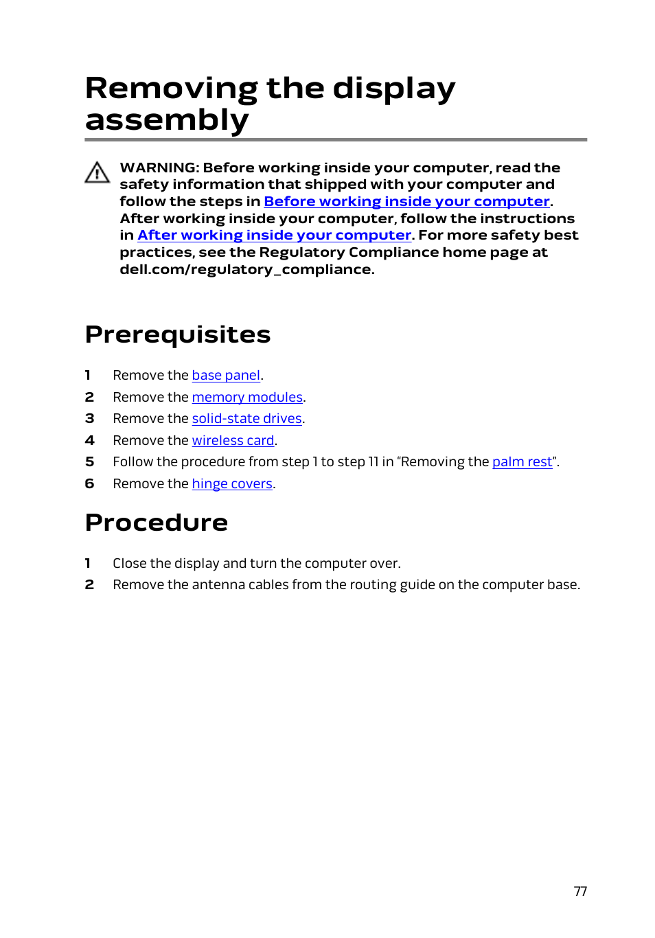 Removing the display assembly, Prerequisites, Procedure | Dell Alienware 15 (Early 2015) User Manual | Page 77 / 149