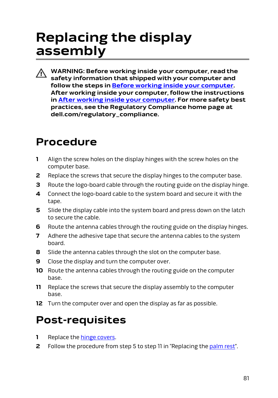 Replacing the display assembly, Procedure, Post-requisites | Dell Alienware 15 (Early 2015) User Manual | Page 81 / 149