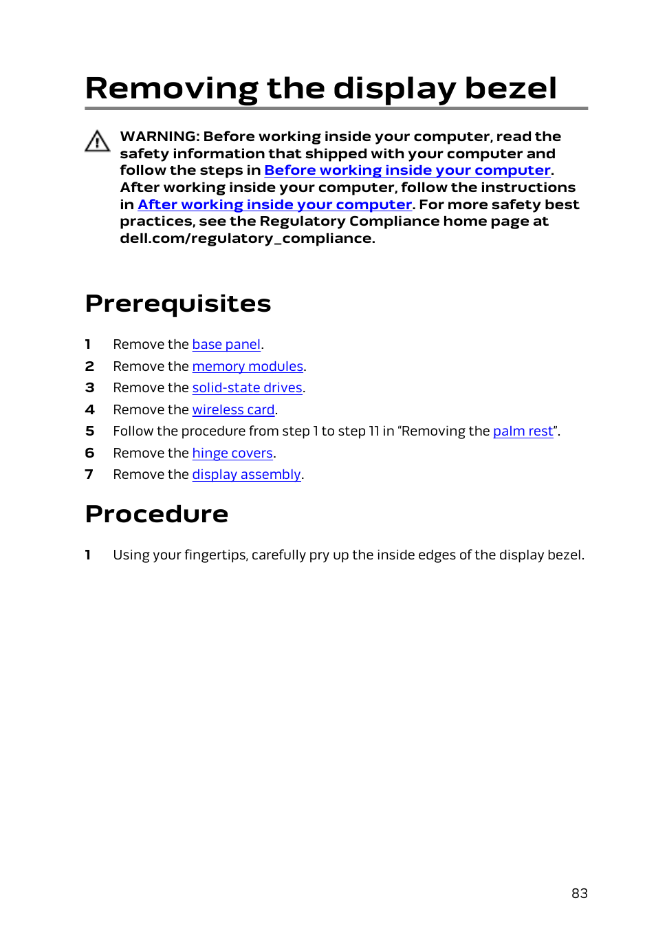 Removing the display bezel, Prerequisites, Procedure | Dell Alienware 15 (Early 2015) User Manual | Page 83 / 149