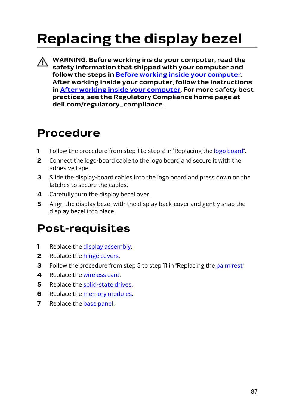 Replacing the display bezel, Procedure, Post-requisites | Dell Alienware 15 (Early 2015) User Manual | Page 87 / 149