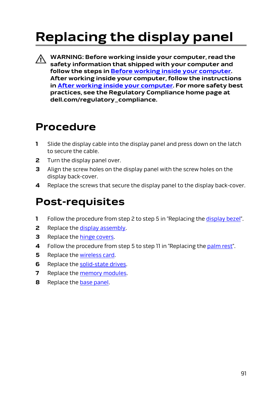 Replacing the display panel, Procedure, Post-requisites | Dell Alienware 15 (Early 2015) User Manual | Page 91 / 149