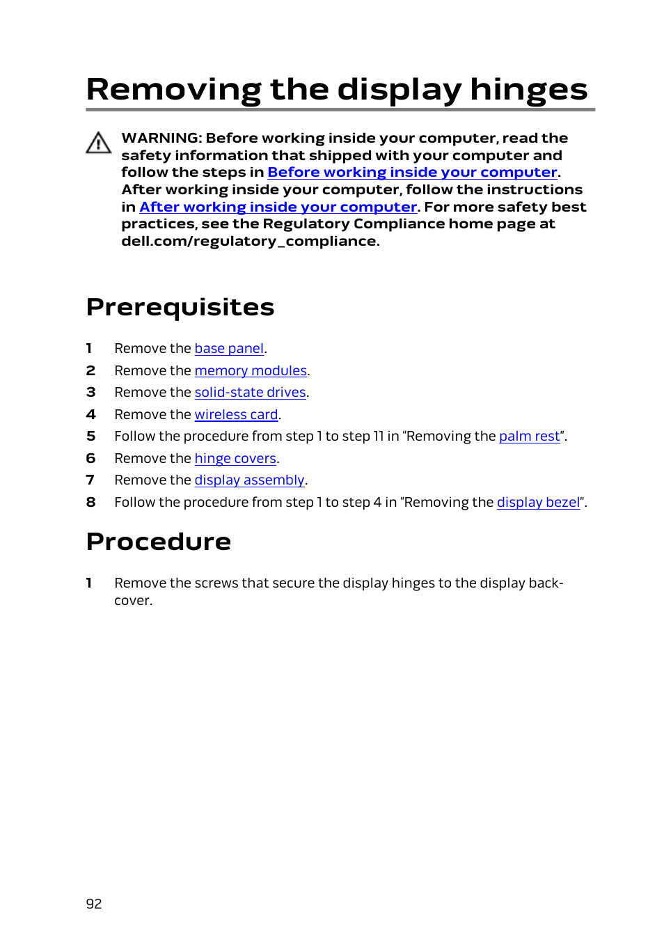 Removing the display hinges, Prerequisites, Procedure | Dell Alienware 15 (Early 2015) User Manual | Page 92 / 149