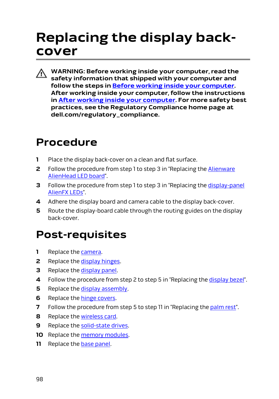 Replacing the display back-cover, Procedure, Post-requisites | Replacing the display back- cover | Dell Alienware 15 (Early 2015) User Manual | Page 98 / 149