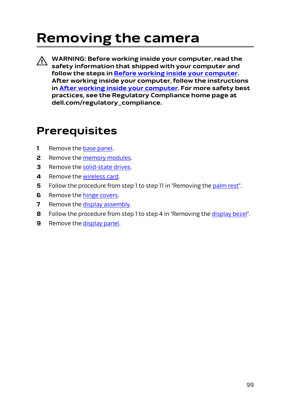Removing the camera, Prerequisites, Remove the | Camera | Dell Alienware 15 (Early 2015) User Manual | Page 99 / 149