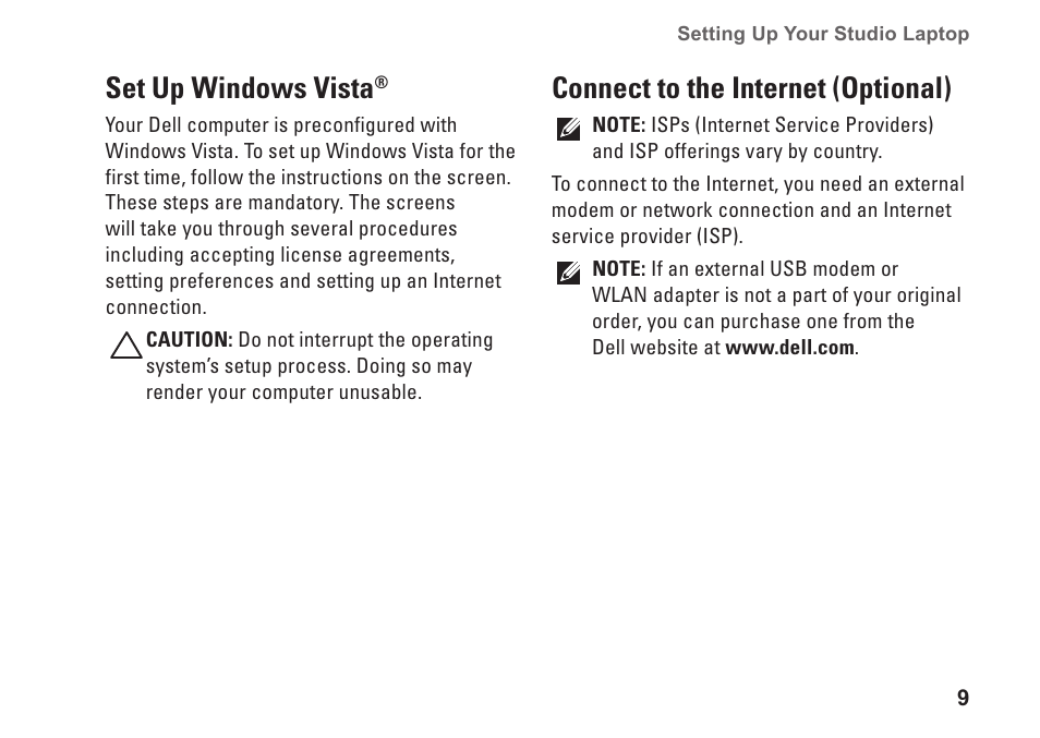 Set up windows vista, Connect to the internet (optional) | Dell Studio 1555 (Early 2009) User Manual | Page 11 / 70