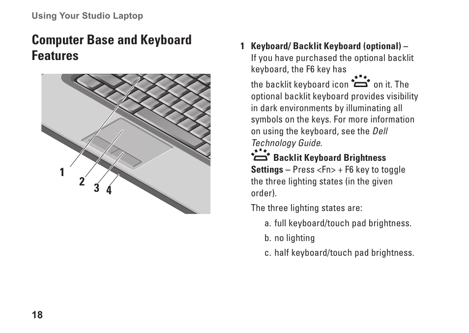 Computer base and keyboard features | Dell Studio 1555 (Early 2009) User Manual | Page 20 / 70