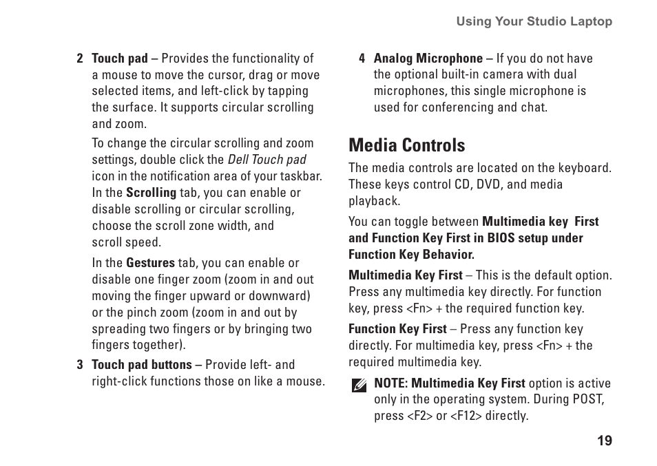 Media controls | Dell Studio 1555 (Early 2009) User Manual | Page 21 / 70